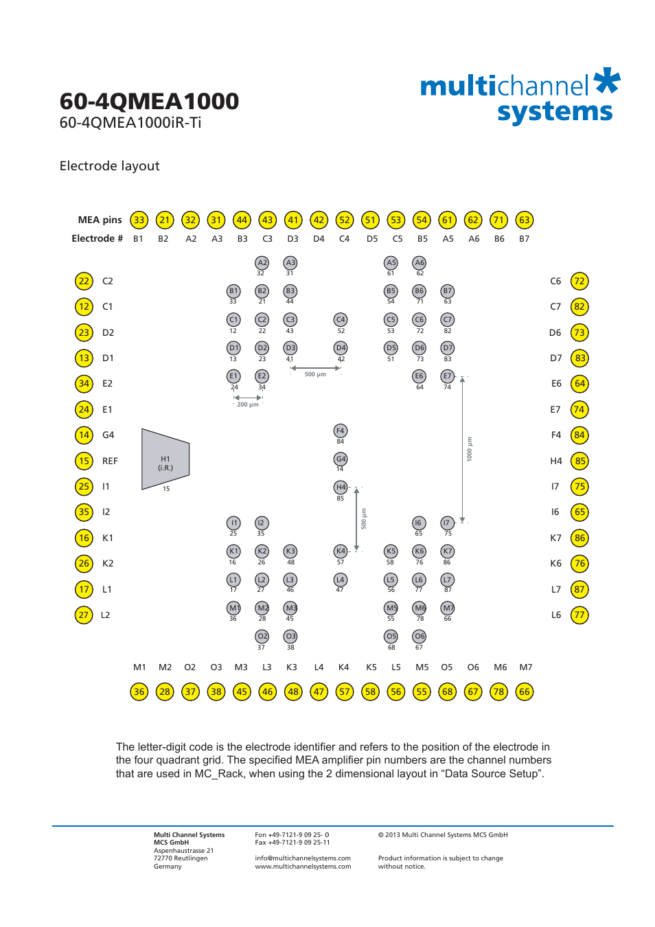Electrode layout | Multichannel Systems 60-4QMEA1000 User Manual | Page 2 / 2