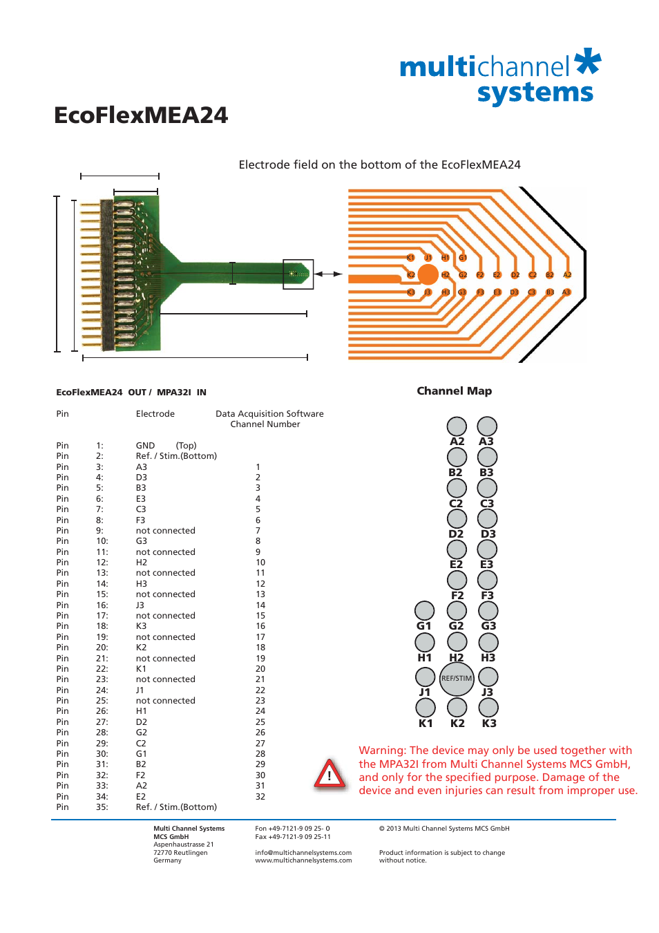 Ecoflexmea24, Electrode layout, Channel map | Multichannel Systems EcoFlexMEA24 User Manual | Page 2 / 2