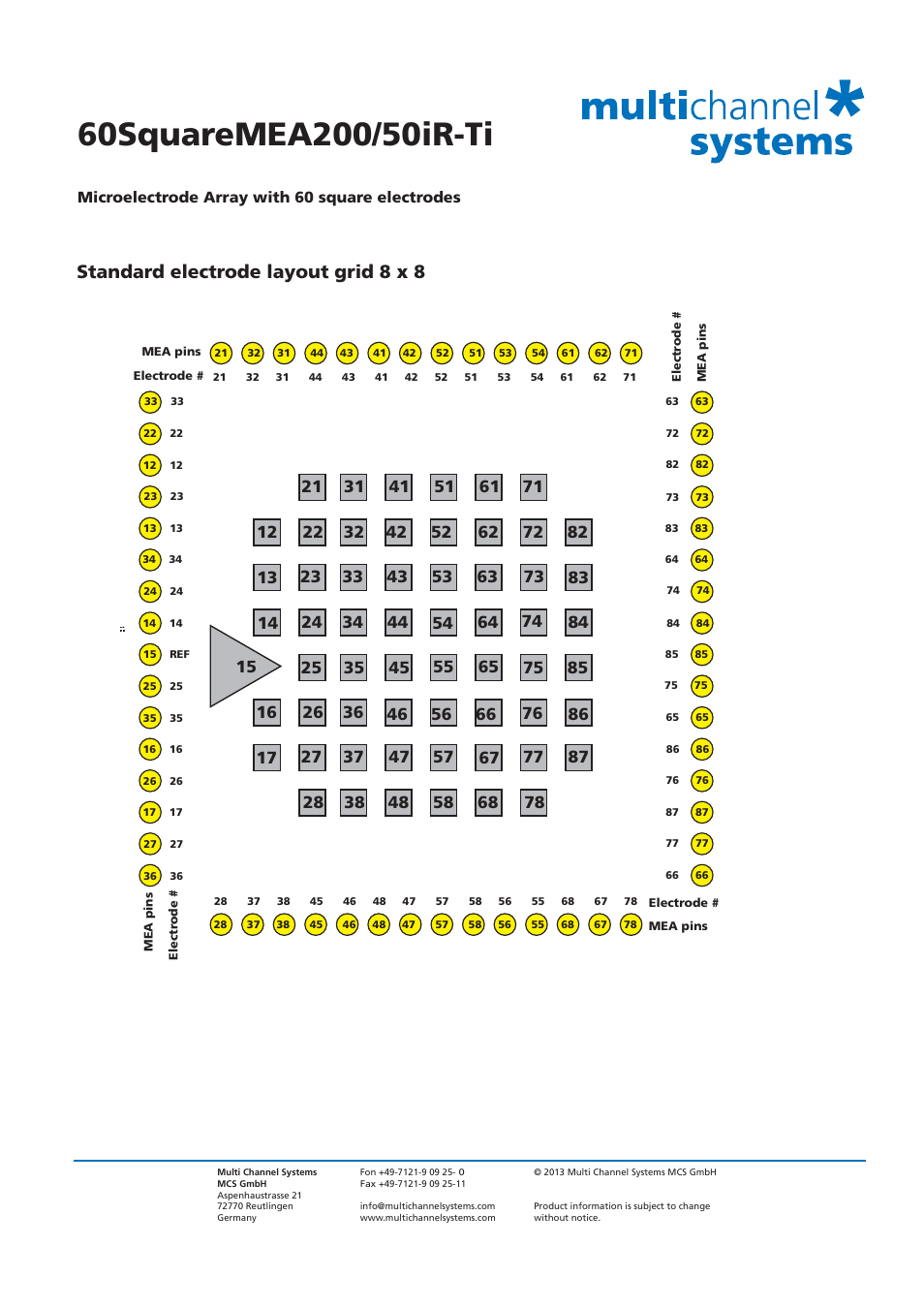 Standard electrode layout grid 8 x 8 | Multichannel Systems 60SquareMEA200_50iR-Ti User Manual | Page 2 / 2