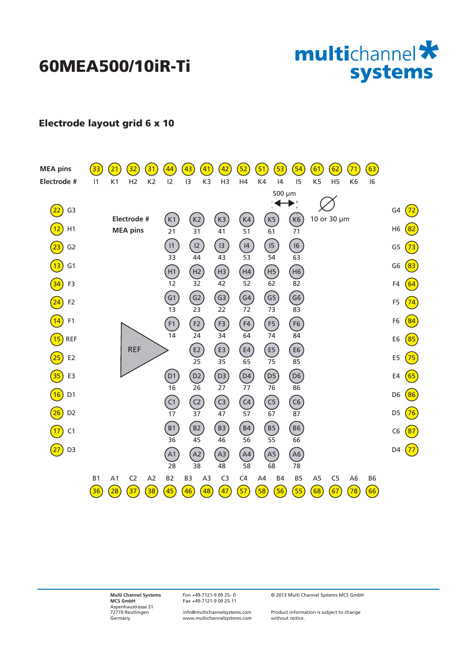 Electrode layout grid 6 x 10 | Multichannel Systems 60MEA500_10iR-Ti User Manual | Page 2 / 3