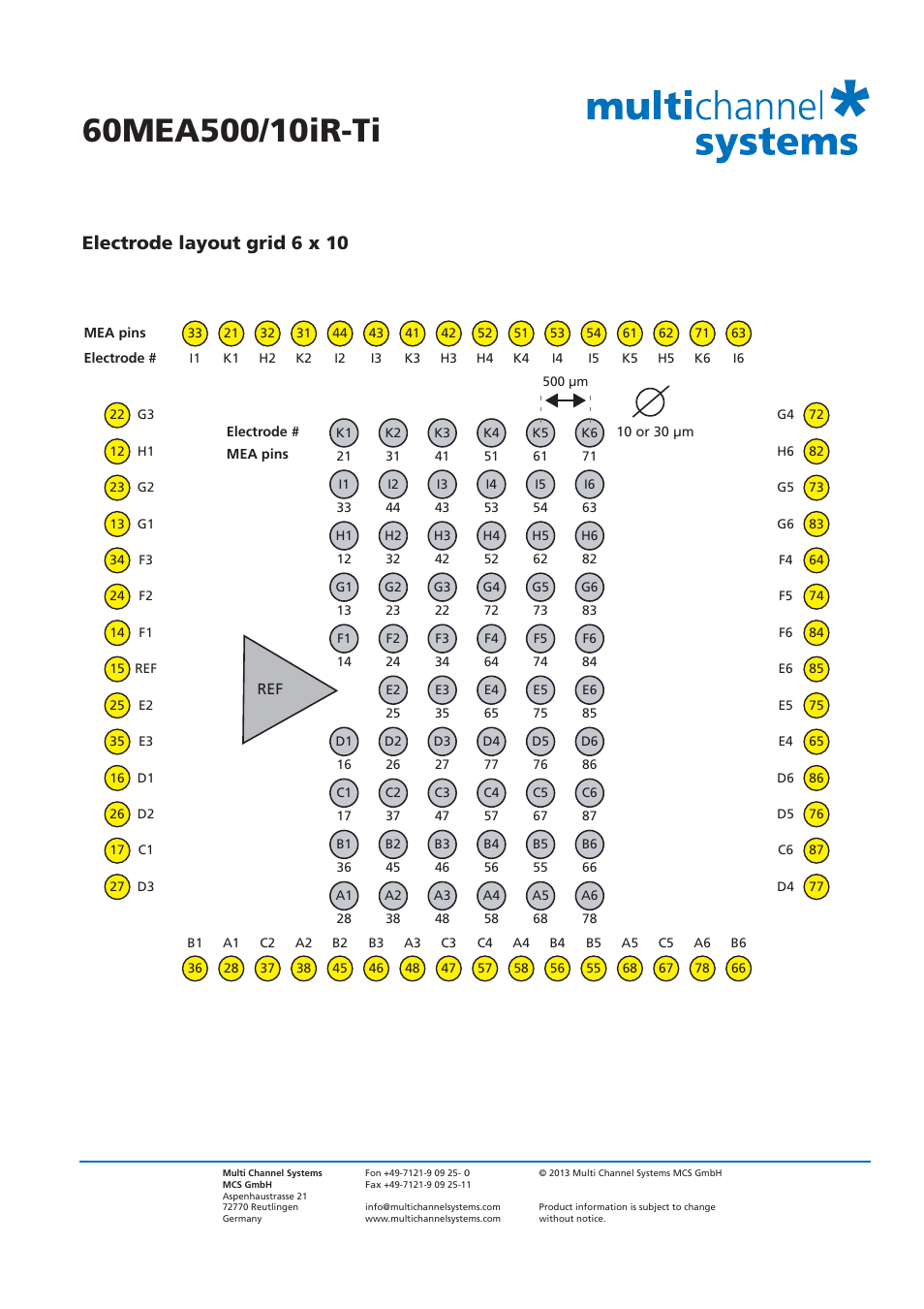 Electrode layout grid 6 x 10 | Multichannel Systems 60MEA500_10iR-Ti User Manual | Page 3 / 3