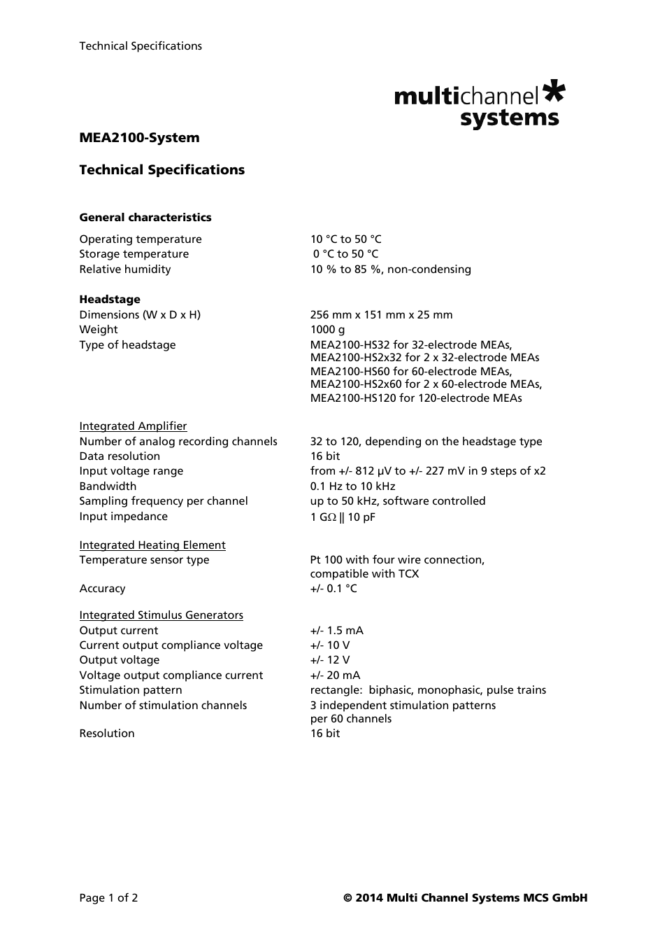 Multichannel Systems MEA2100-System User Manual | 2 pages