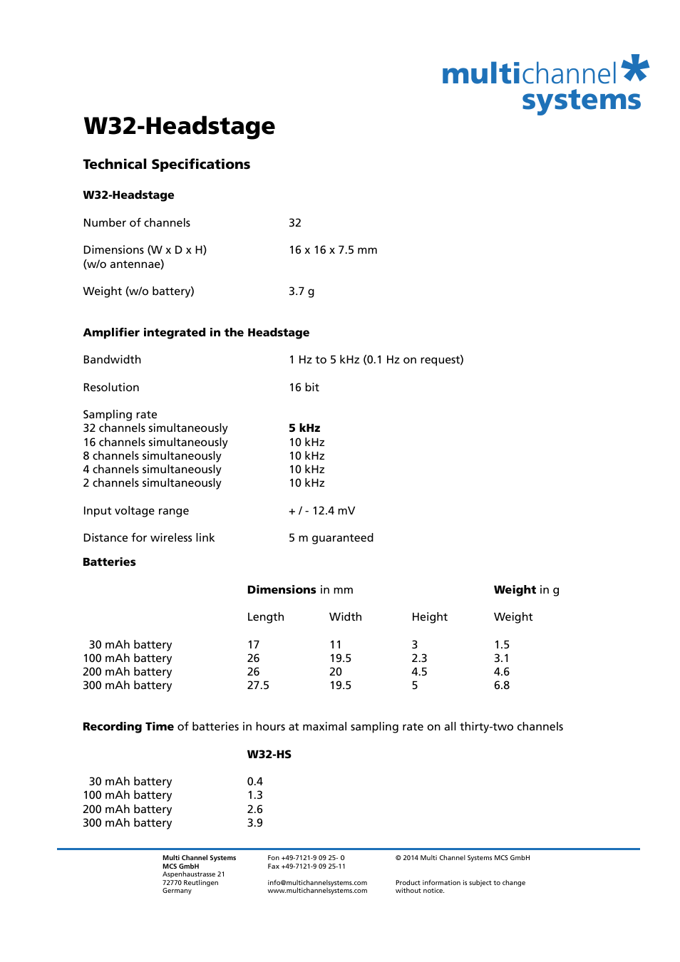 Multi channel systems, W32-headstage | Multichannel Systems Wireless Headstages User Manual | Page 11 / 11