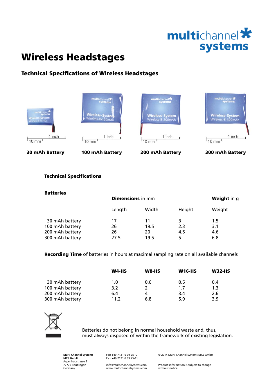 Multi channel systems, Wireless headstages | Multichannel Systems Wireless Headstages User Manual | Page 2 / 11