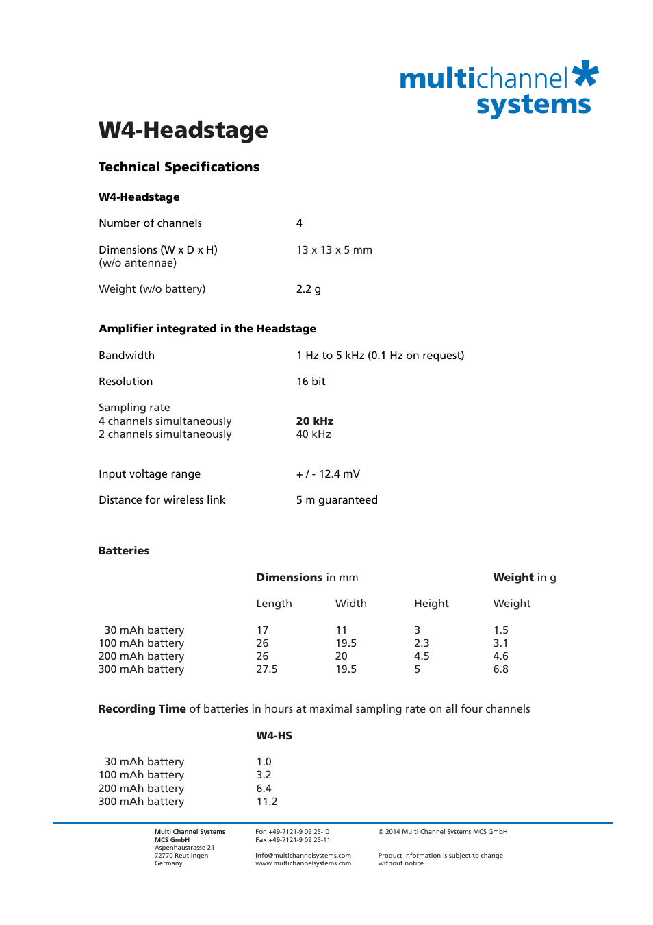 Multi channel systems, W4-headstage | Multichannel Systems Wireless Headstages User Manual | Page 4 / 11