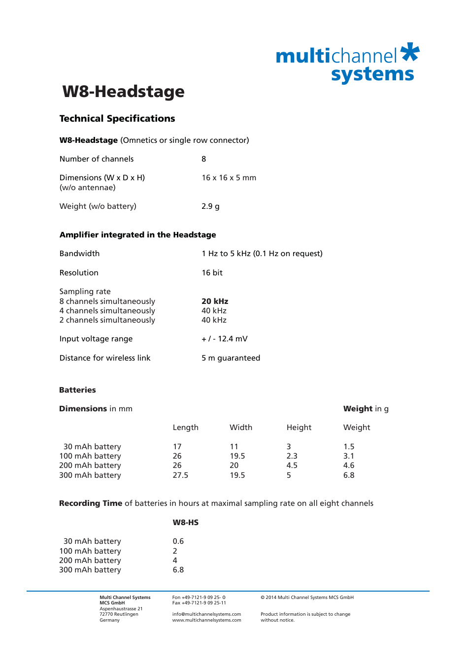 Multi channel systems, W8-headstage | Multichannel Systems Wireless Headstages User Manual | Page 7 / 11