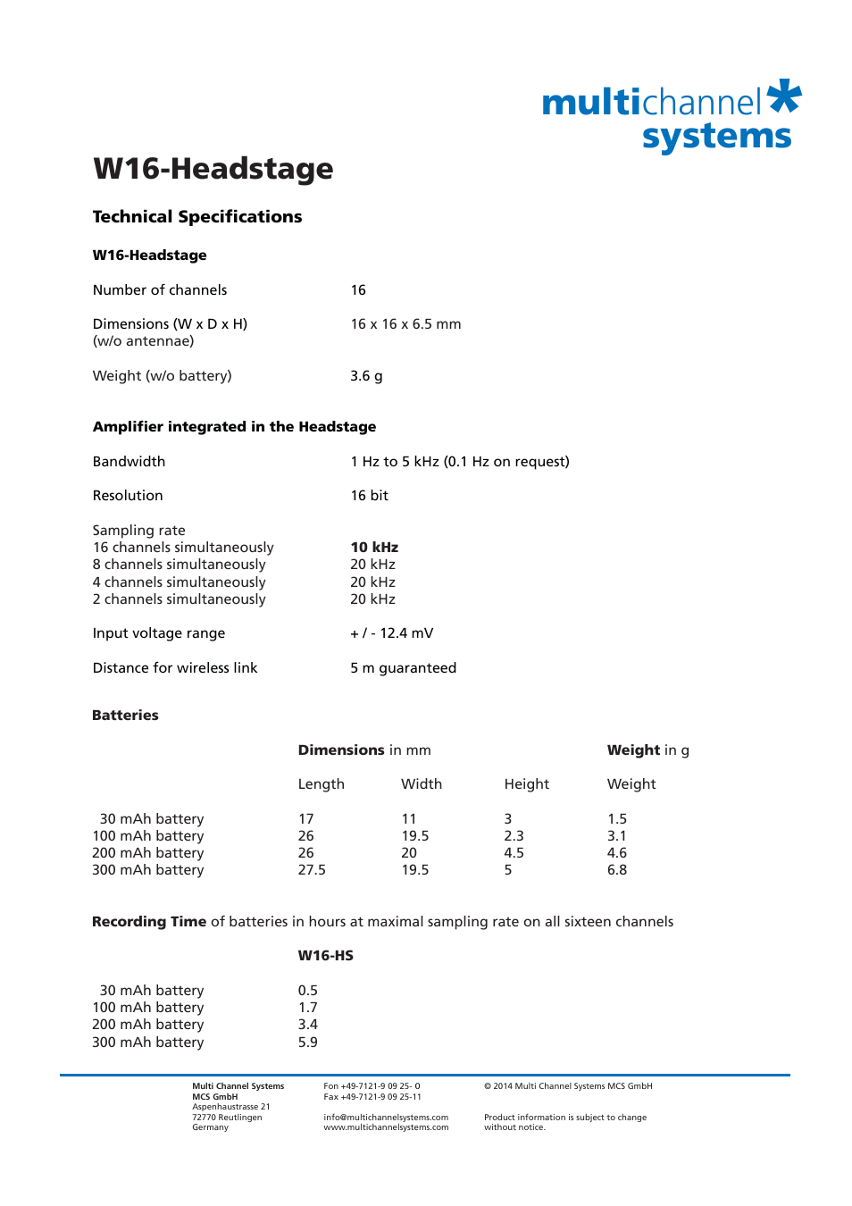 Multi channel systems, W16-headstage | Multichannel Systems Wireless Headstages User Manual | Page 9 / 11