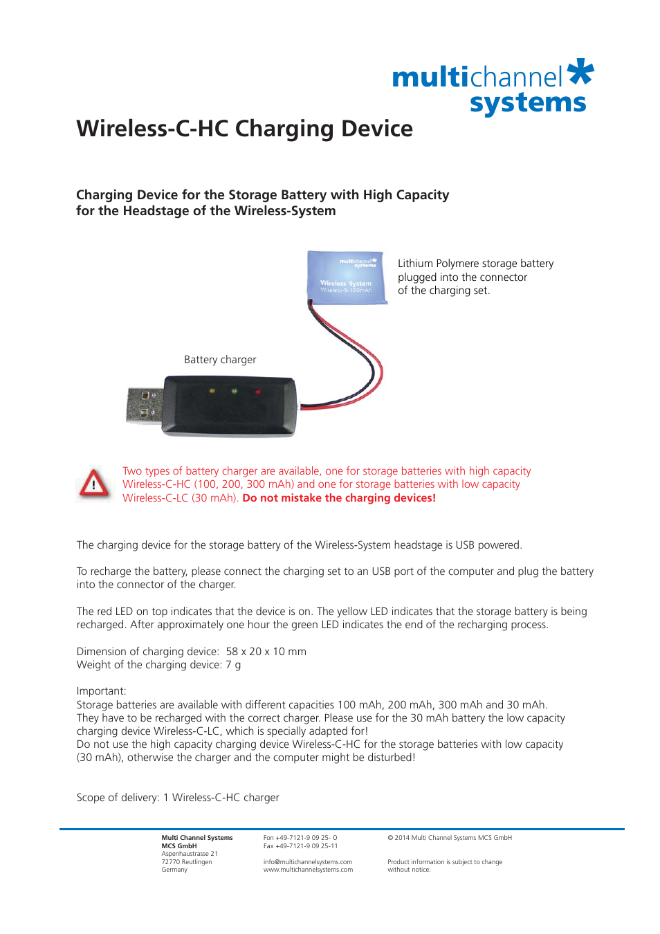 Multichannel Systems Wireless-C-HC Charging Device User Manual | 1 page