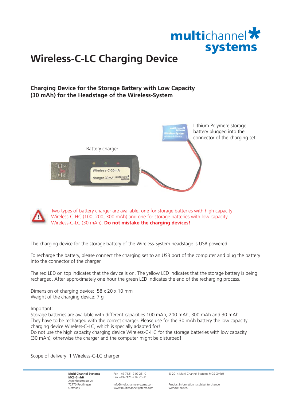 Multichannel Systems Wireless-C-LC Charging Device User Manual | 1 page