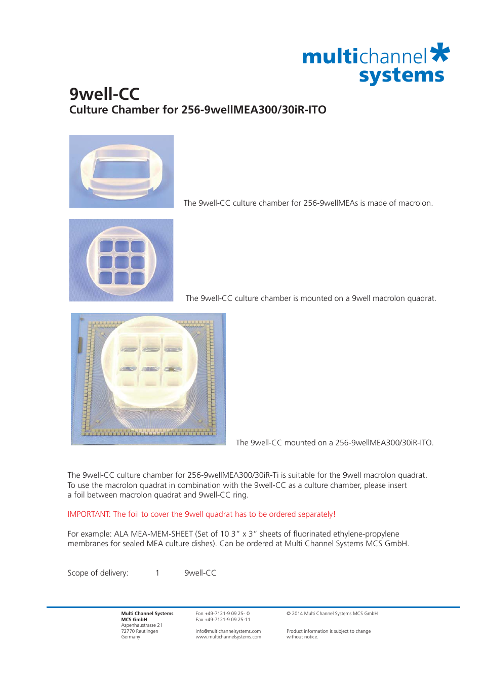 Multichannel Systems 9well-CC User Manual | 1 page
