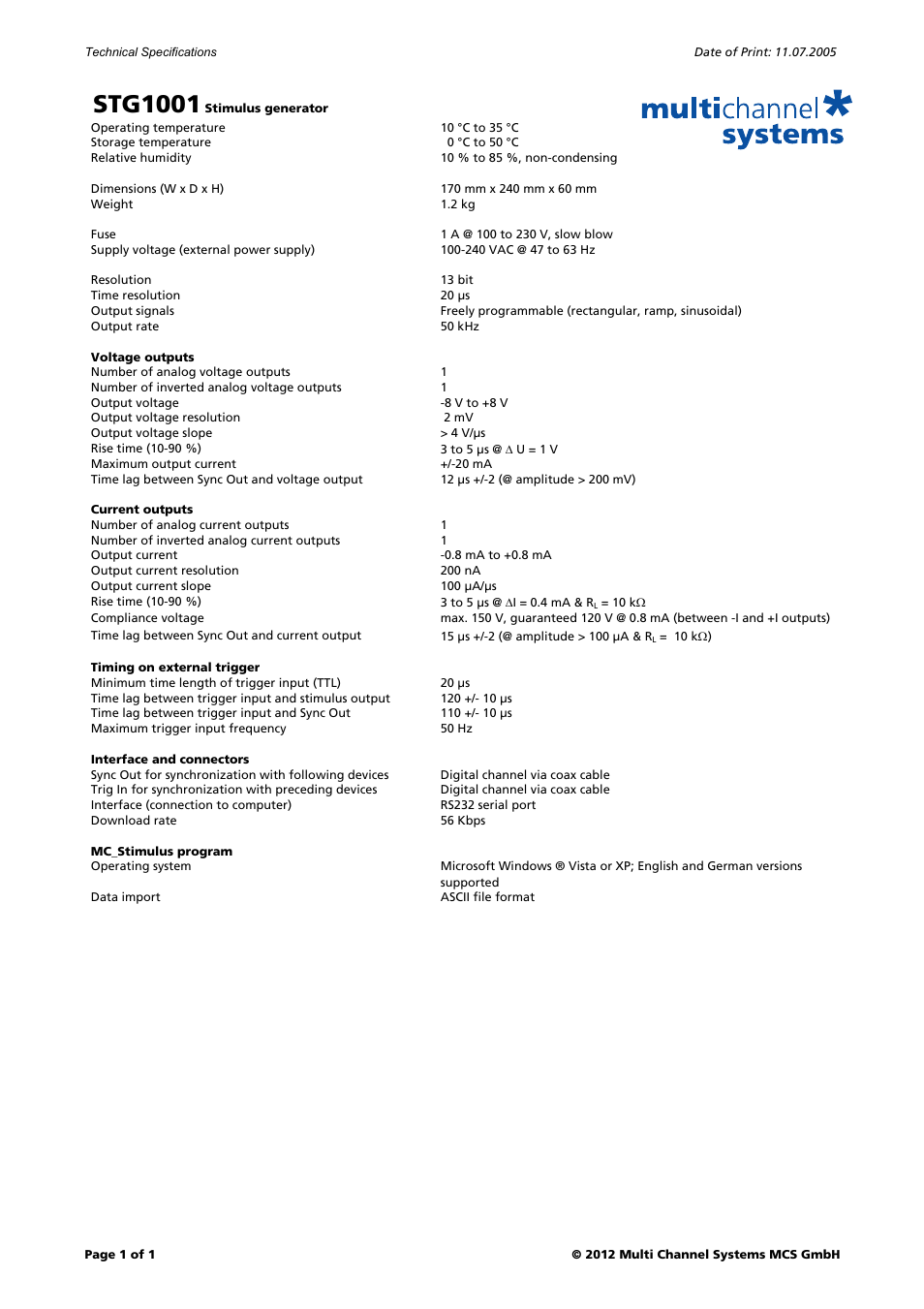 Multichannel Systems STG1001 User Manual | 1 page