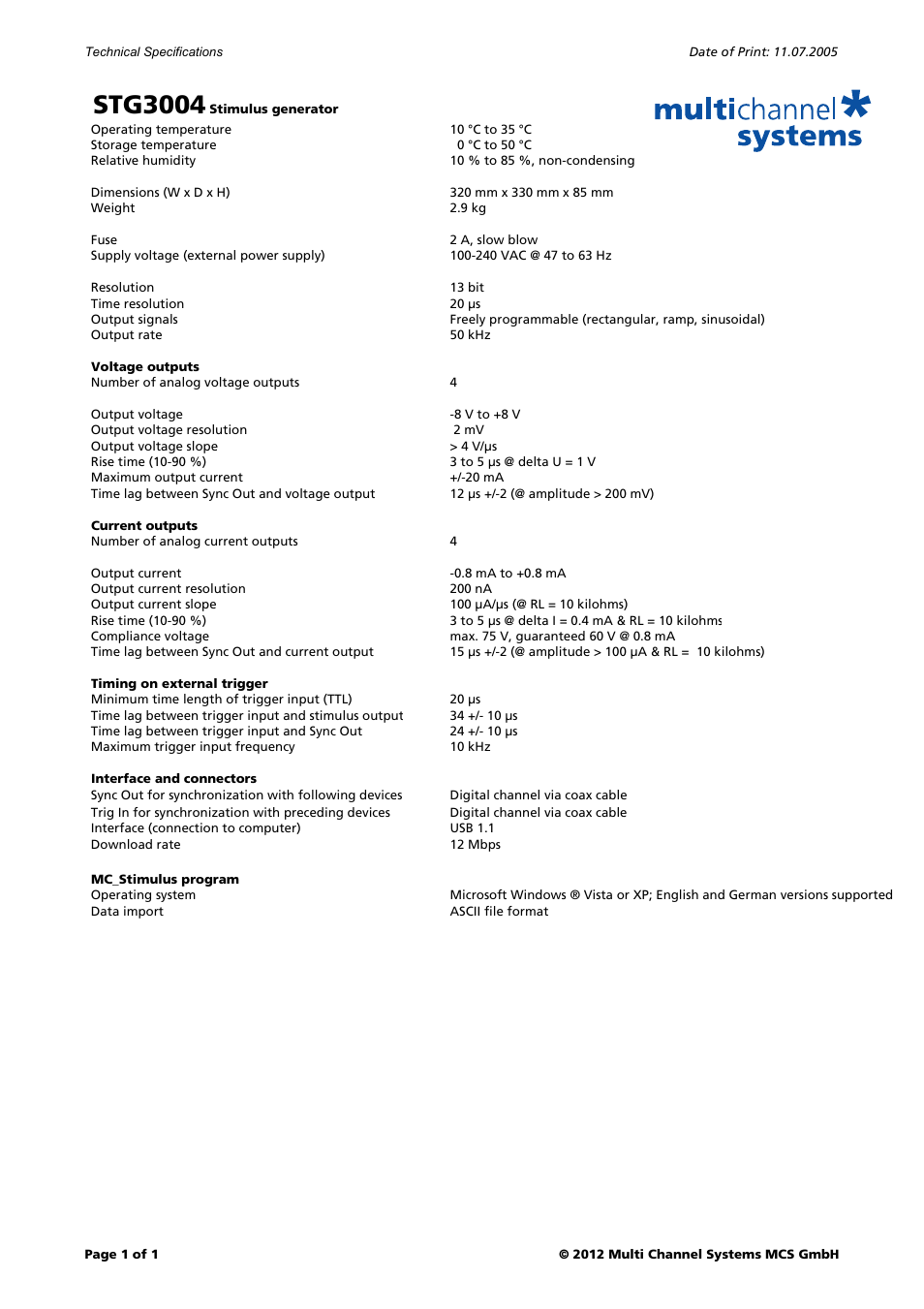 Multichannel Systems STG3004 User Manual | 1 page