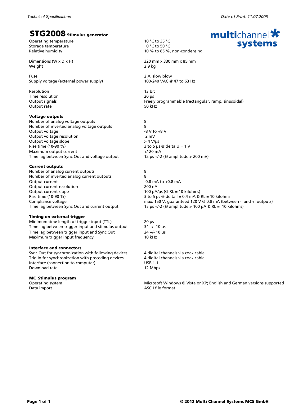 Multichannel Systems STG2008 User Manual | 1 page