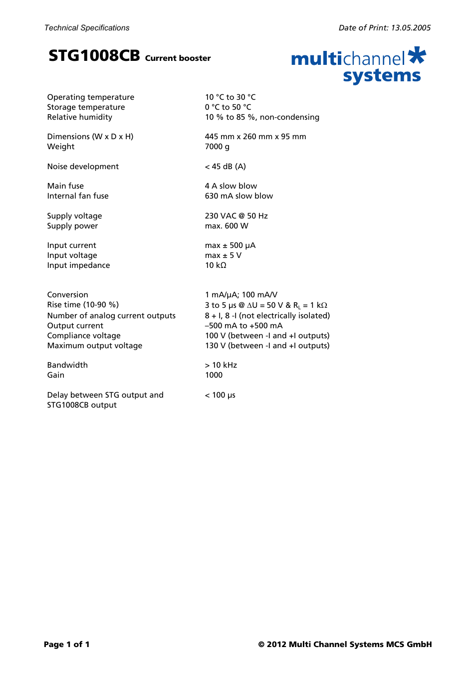 Multichannel Systems STG1008CB User Manual | 1 page