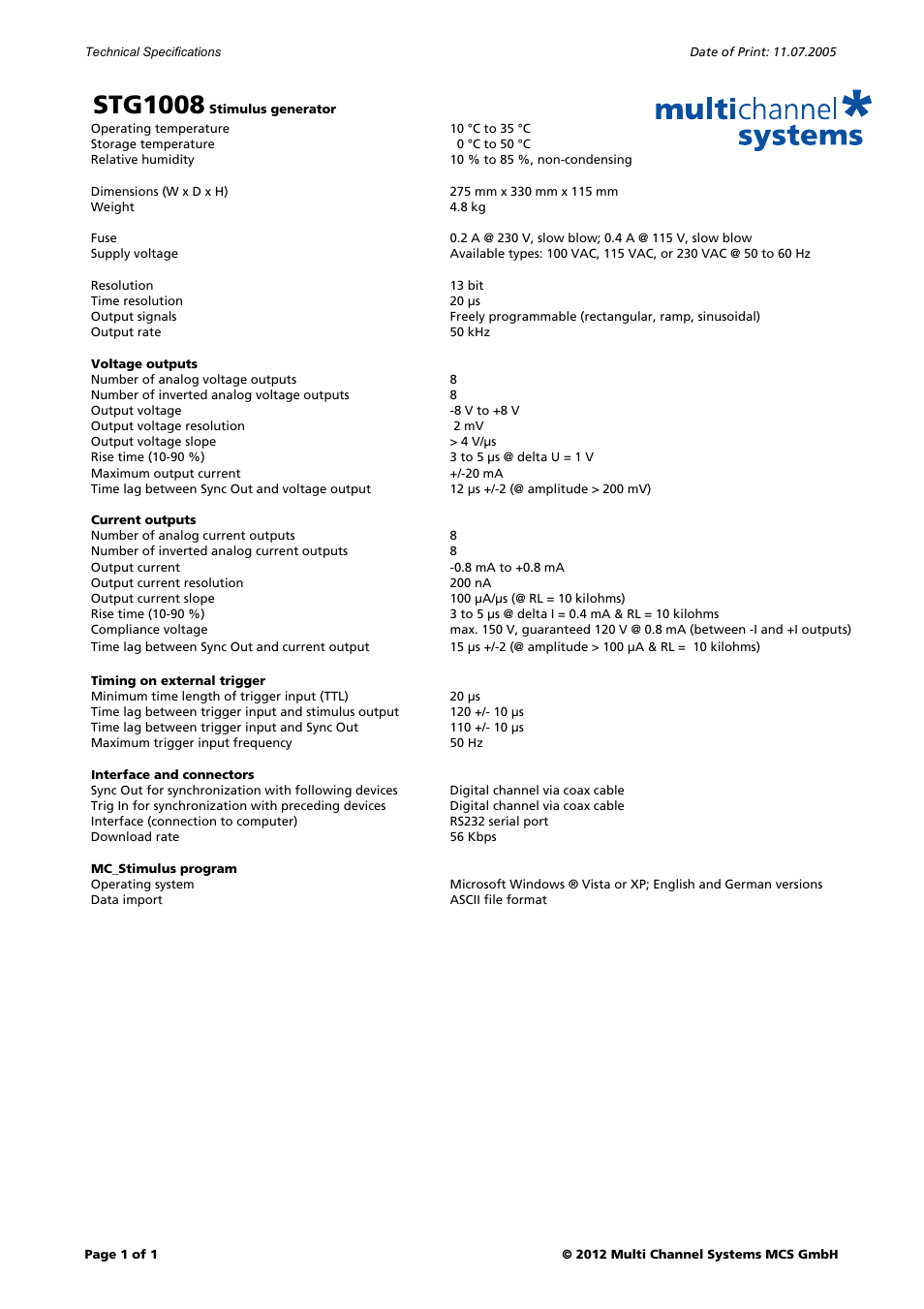 Multichannel Systems STG1008 User Manual | 1 page