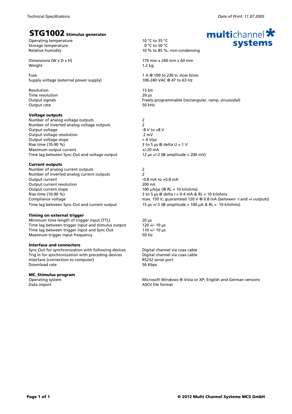 Multichannel Systems STG1002 User Manual | 1 page