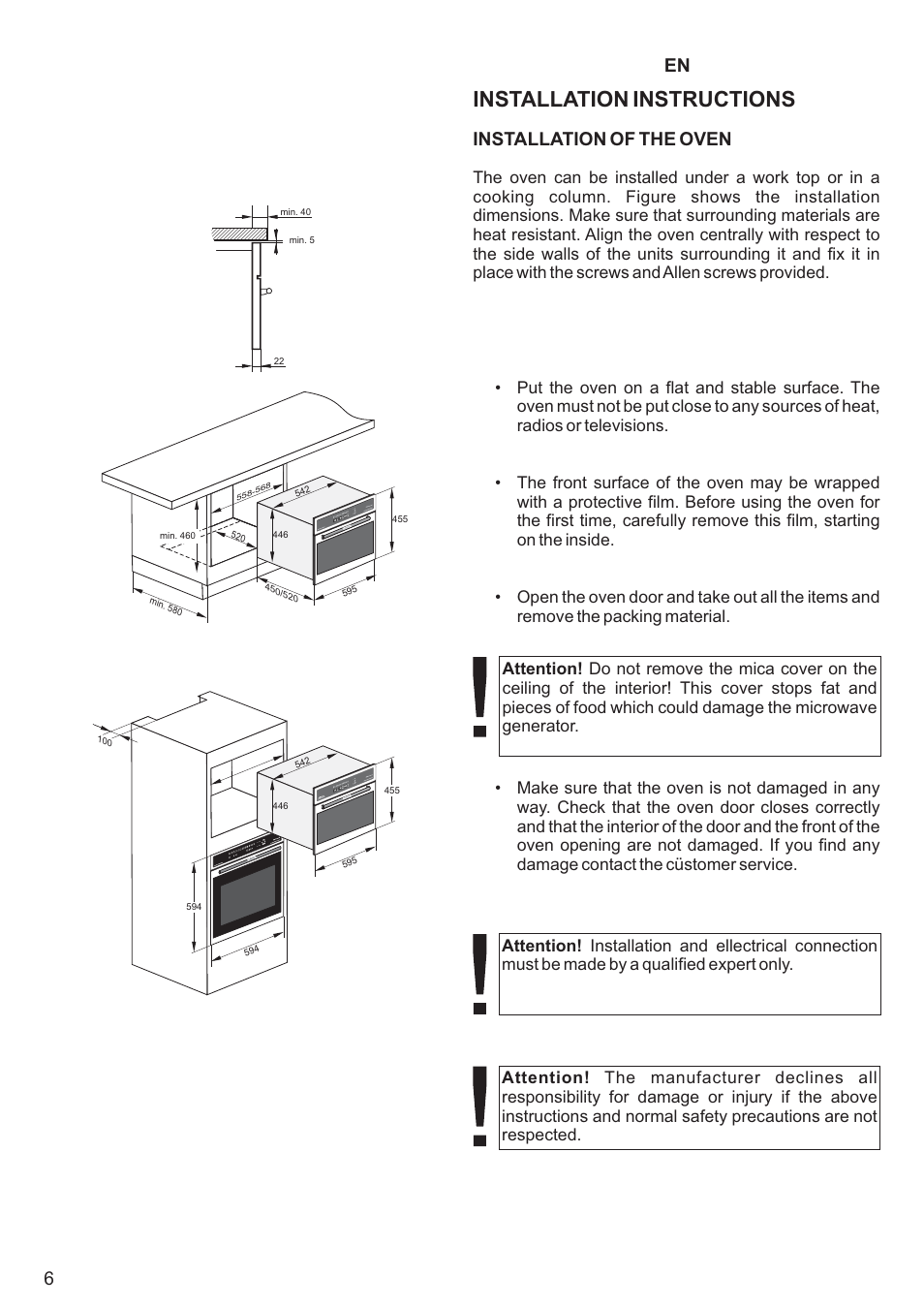 Installation instructions, Installation of the oven | Kaiser EM3200 User Manual | Page 6 / 100