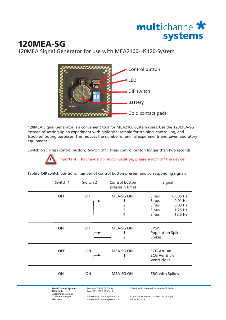 Multichannel Systems 120MEA-SG User Manual | 2 pages