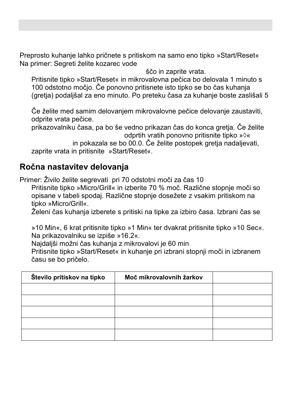 Upravljanje z digitalno enoto, Delovanje s pritiskom na eno tipko, Roĉna nastavitev delovanja | Gorenje CMO-200 DGW User Manual | Page 10 / 106