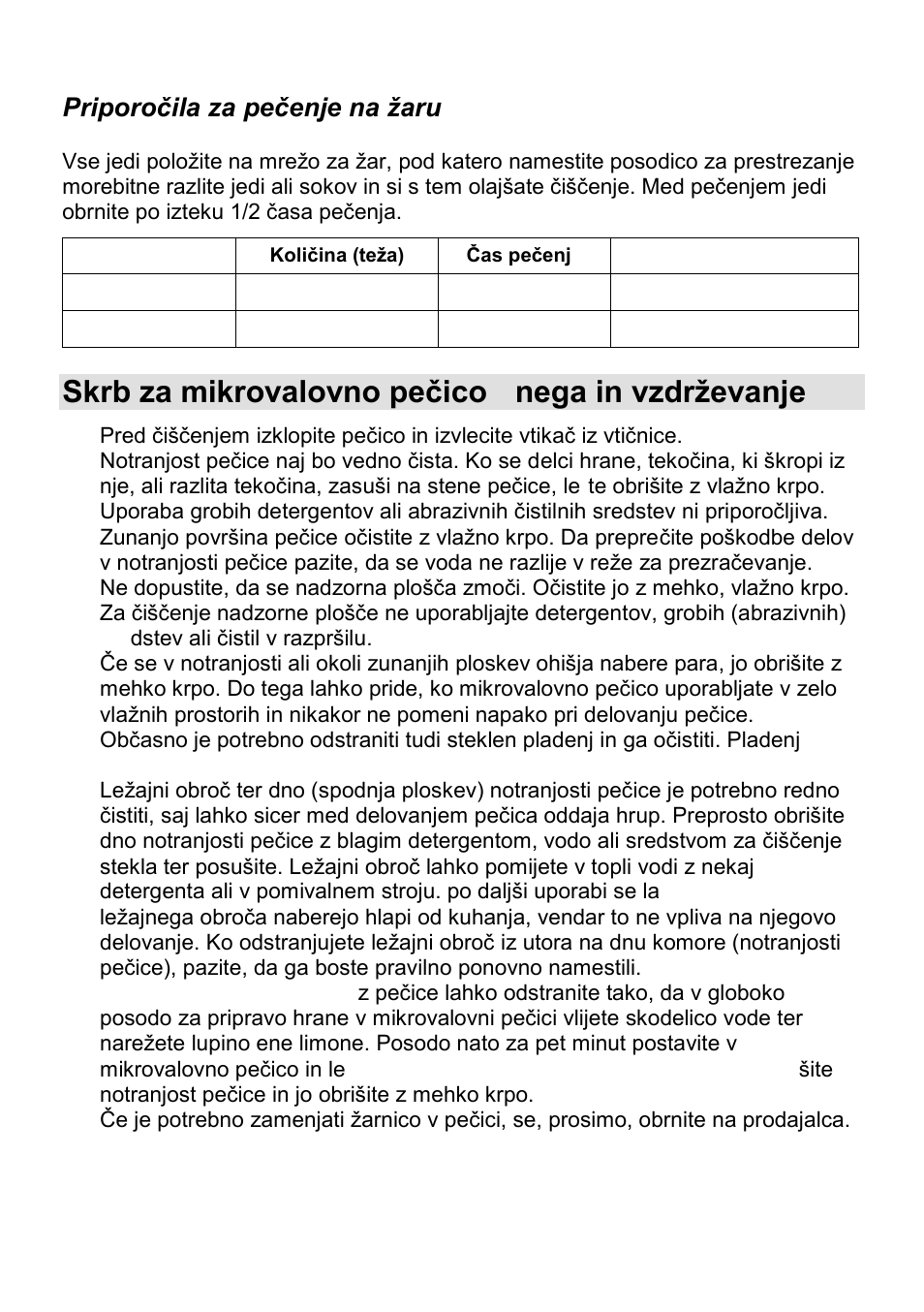 Skrb za mikrovalovno peĉico - nega in vzdrţevanje, Tabele priporočila za pečenje na žaru | Gorenje CMO-200 DGW User Manual | Page 12 / 106