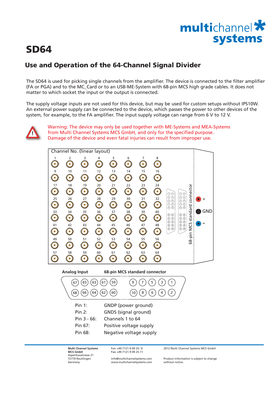 Multichannel Systems SD64 User Manual | 1 page