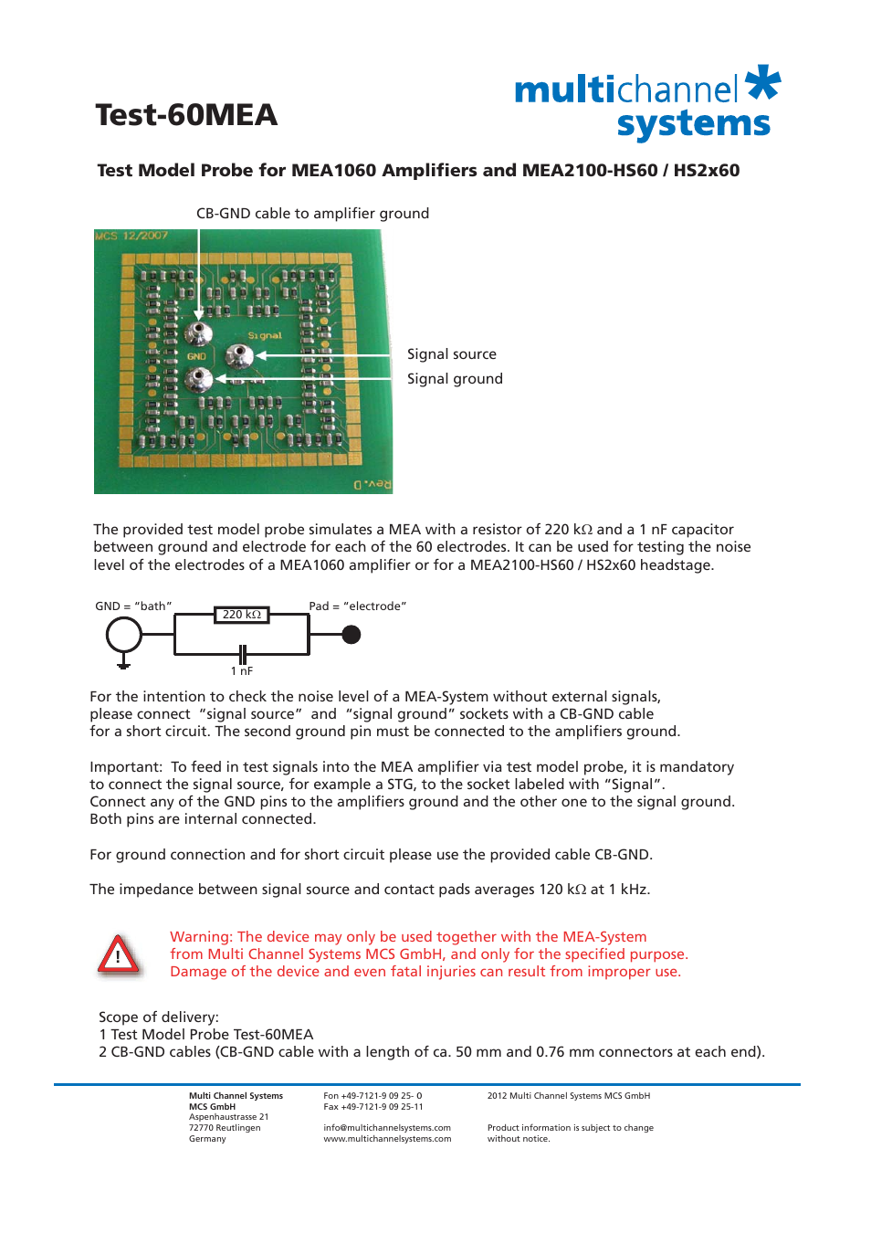 Multichannel Systems Test-60MEA User Manual | 1 page