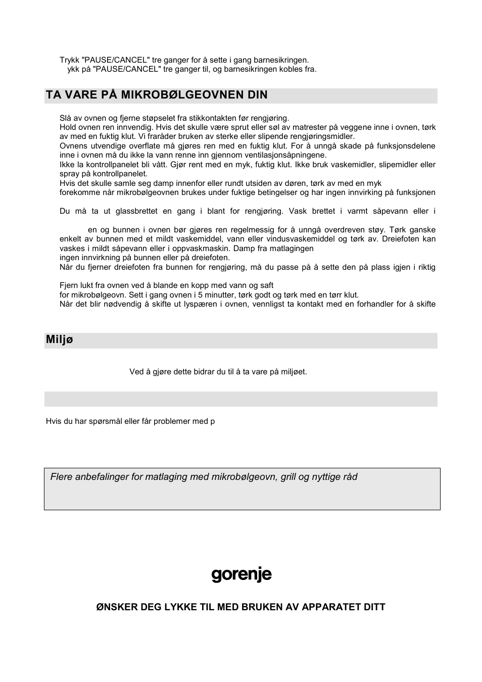 Ta vare på mikrobølgeovnen din, Miljø, Garanti og service | Gorenje GMO-20 DGE User Manual | Page 116 / 152