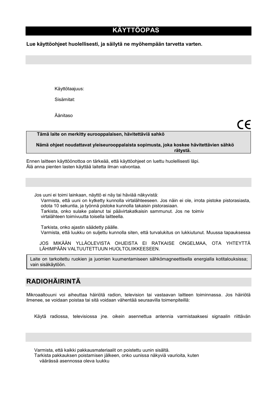 Käyttöopas fi, Tekniset tiedot, Ennen kuin soitat korjaajalle | Radiohäirintä, Asennus | Gorenje GMO-20 DGE User Manual | Page 117 / 152