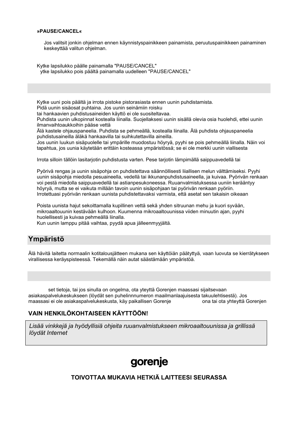 Mikroaaltouunin huolto, Ympäristö, Takuu ja huolto | Gorenje GMO-20 DGE User Manual | Page 122 / 152