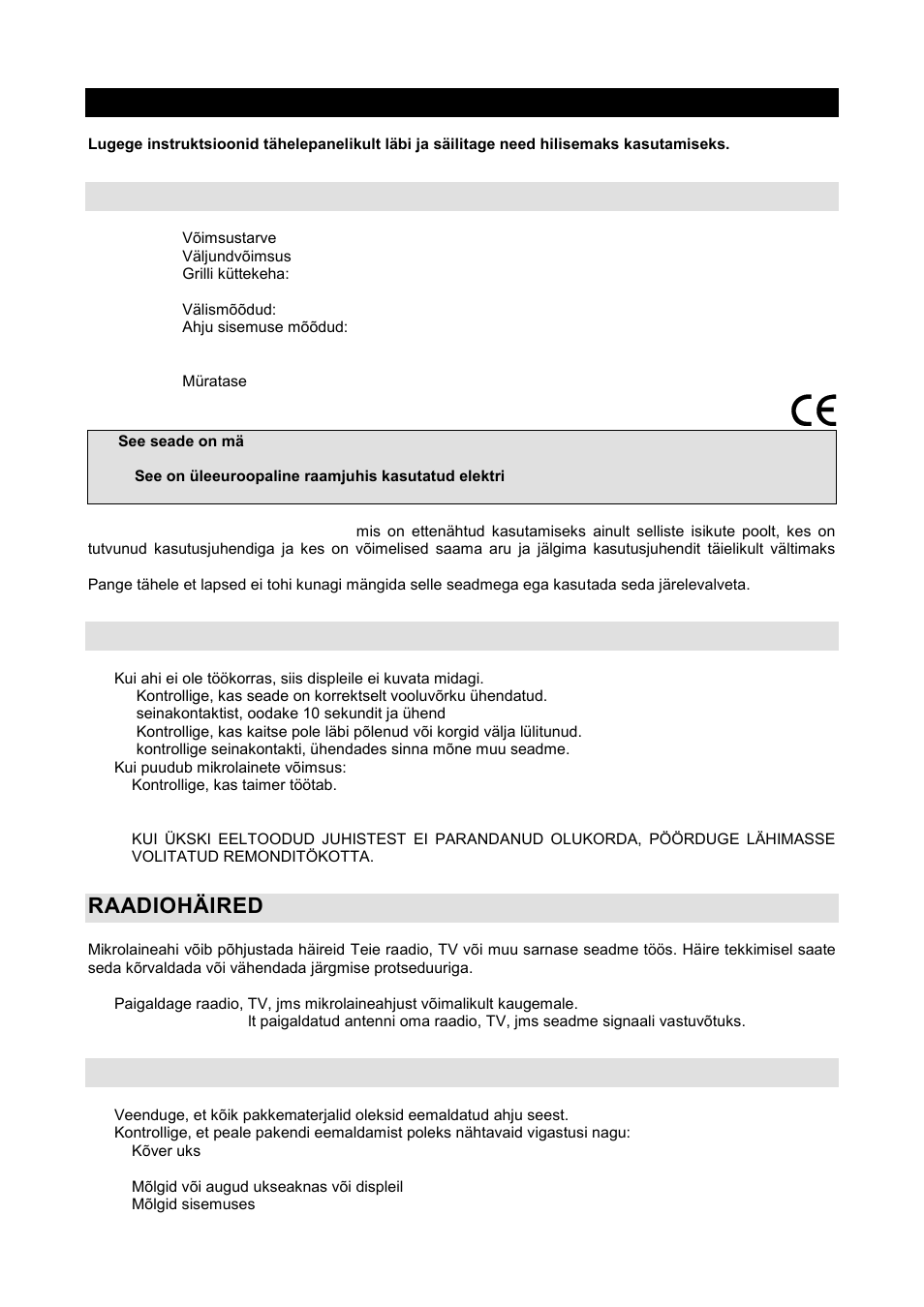 Kasutusjuhend ee, Tehnilised andmed, Enne hooldusesse helistamist | Raadiohäired, Paigaldamine | Gorenje GMO-20 DGE User Manual | Page 135 / 152