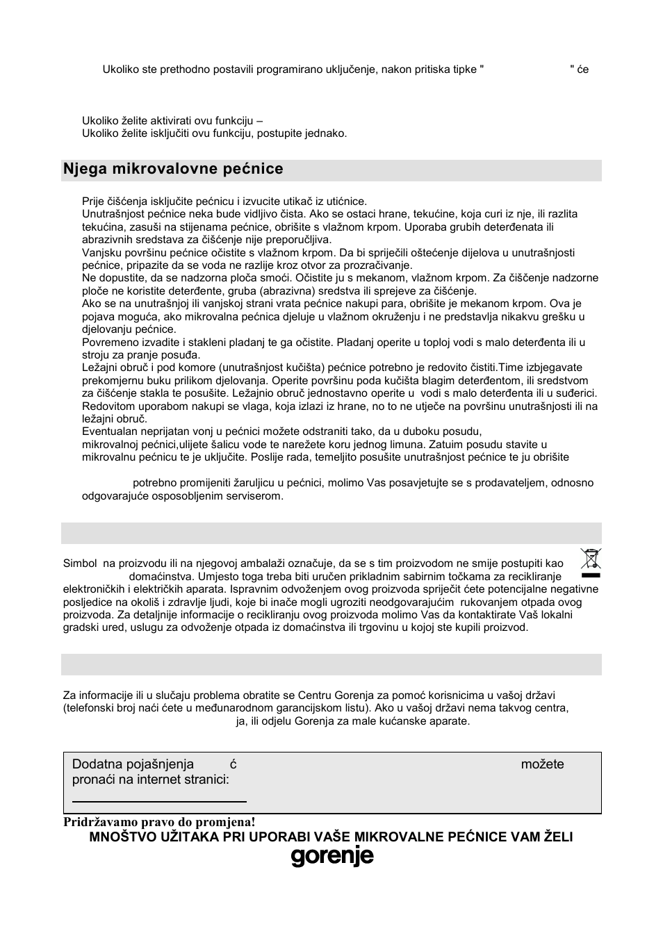 Njega mikrovalovne pešnice, Okolina, Garancija i servis | Gorenje GMO-20 DGE User Manual | Page 14 / 152