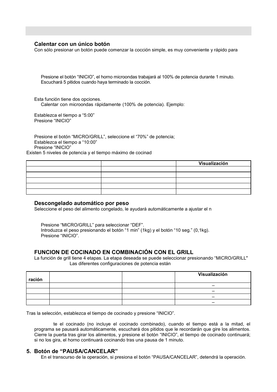 Instrucciones de uso, Calentar con un único botón, Calentar con microondas | Descongelado automático por peso, Funcion de cocinado en combinación con el grill, Botón de “pausa/cancelar | Gorenje GMO-20 DGE User Manual | Page 145 / 152