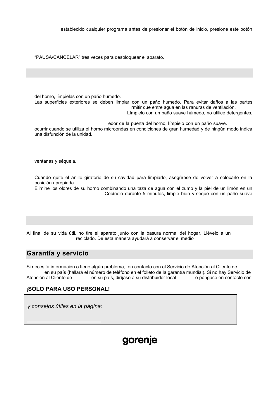 Cuidados de su horno microondas, Medio ambiente, Garantía y servicio | Gorenje GMO-20 DGE User Manual | Page 146 / 152