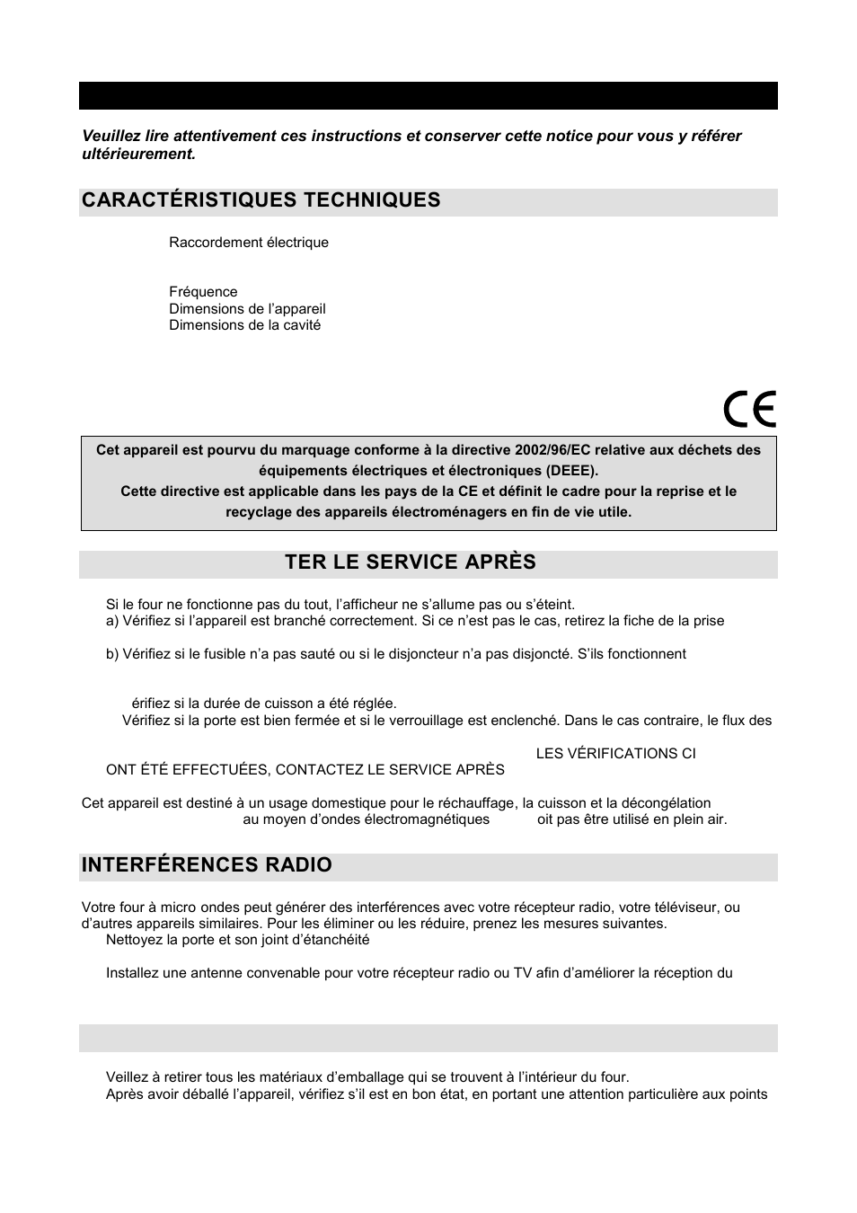 Notice d'utilisation fr, Caractéristiques techniques, Avant de contac ter le service après-vente | Interférences radio, Installation | Gorenje GMO-20 DGE User Manual | Page 41 / 152