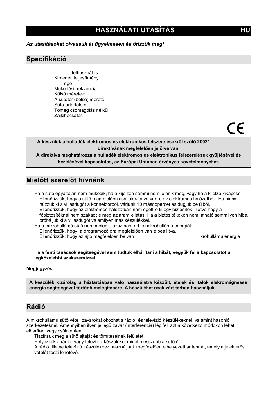 Használati utasítás hu, Specifikáció, Mielňtt szerelňt hívnánk | Rádió-zavarok (interferencia) | Gorenje GMO-20 DGE User Manual | Page 47 / 152