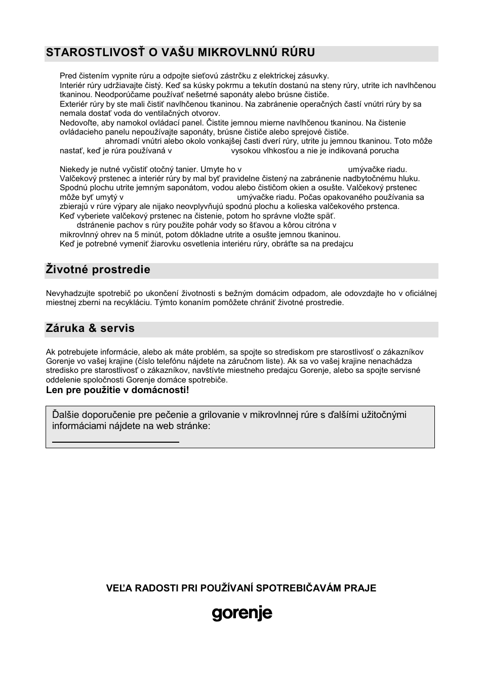 Starostlivosş o vańu mikrovlnnú rúru, Ņivotné prostredie, Záruka & servis | Gorenje GMO-20 DGE User Manual | Page 72 / 152