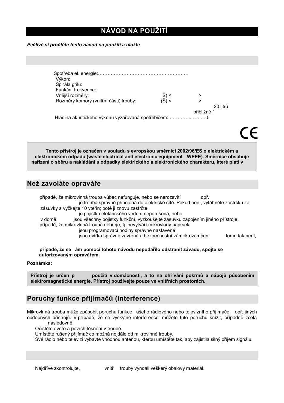 Návod na pouņití cz, Specifikace, Neņ zavoláte opraváře | Poruchy funkce přijímaţů (interference), Instalace | Gorenje GMO-20 DGE User Manual | Page 73 / 152