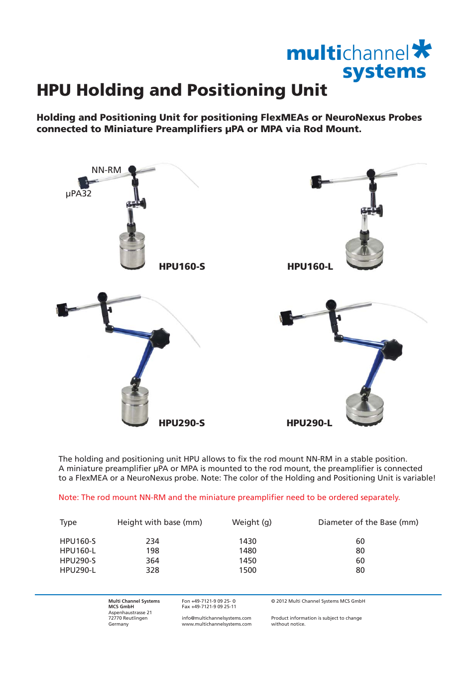 Multichannel Systems HPU Holding and Positioning Unit User Manual | 1 page