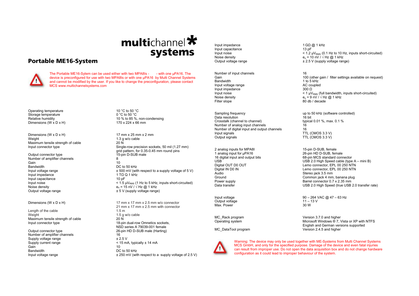 Multichannel Systems Portable ME16-System User Manual | 2 pages