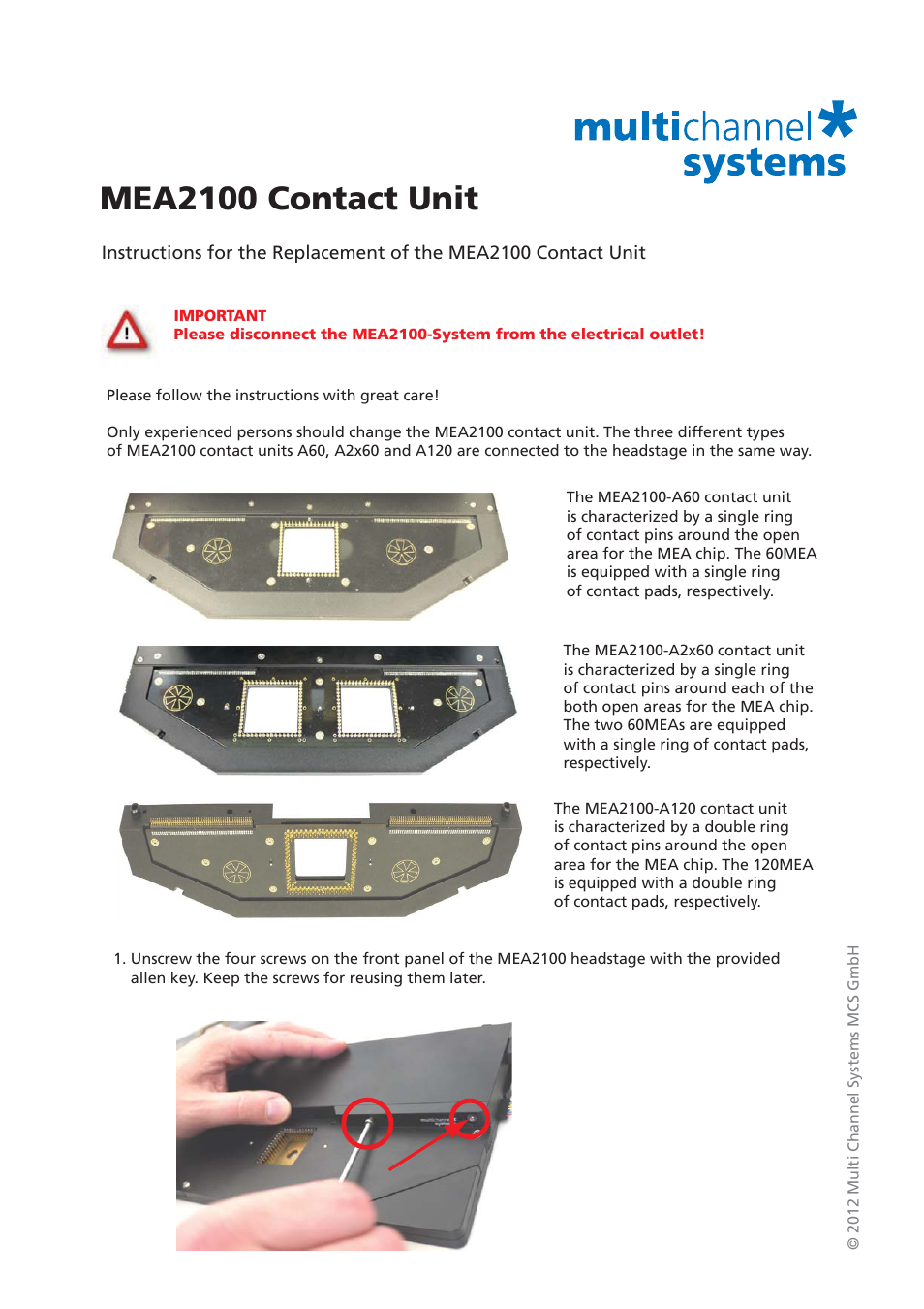 Multichannel Systems MEA2100 Contact Unit User Manual | 2 pages