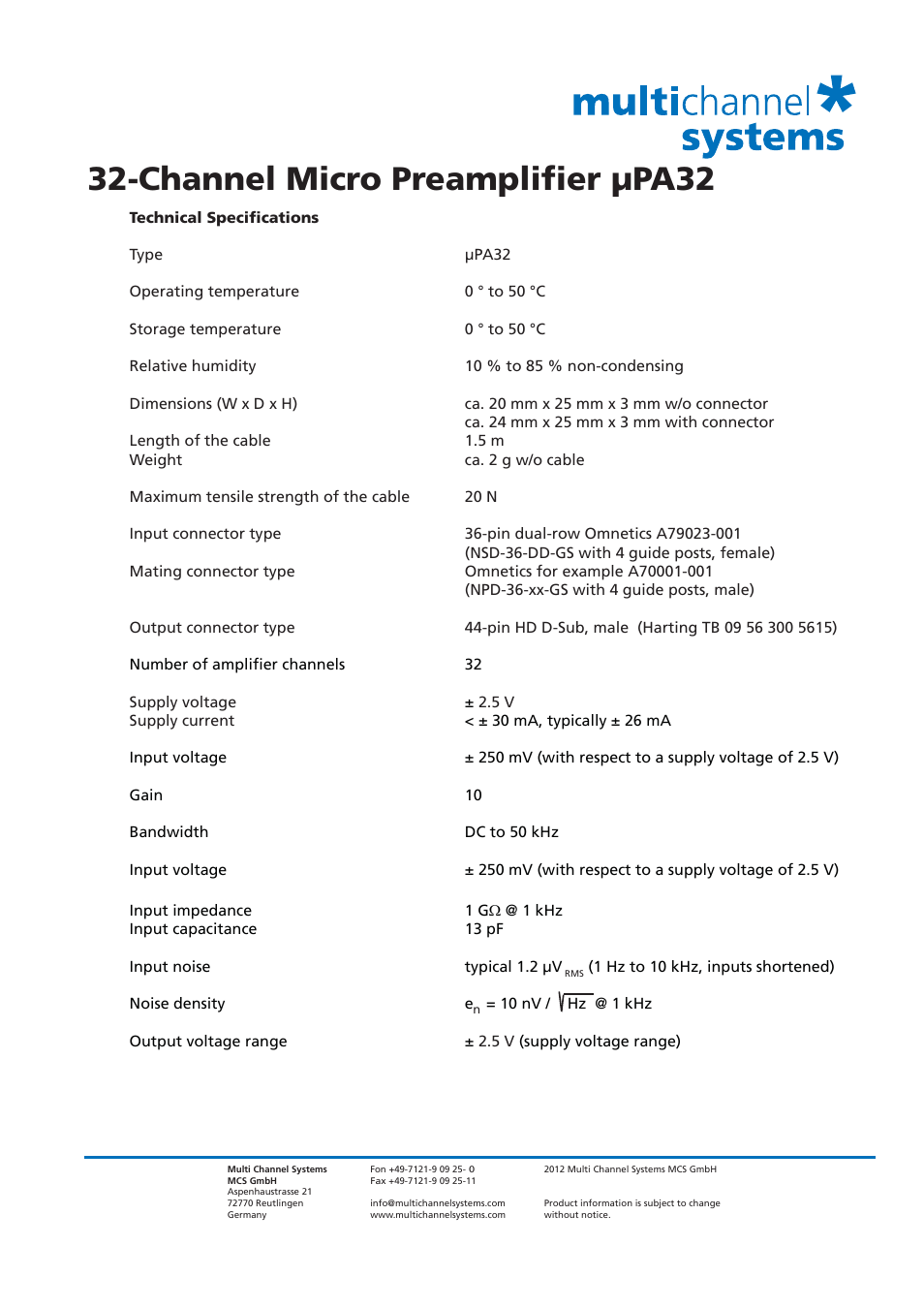 Channel micro preamplifier μpa32 | Multichannel Systems 32-Channel Micro Preamplifier μPA32 User Manual | Page 2 / 2