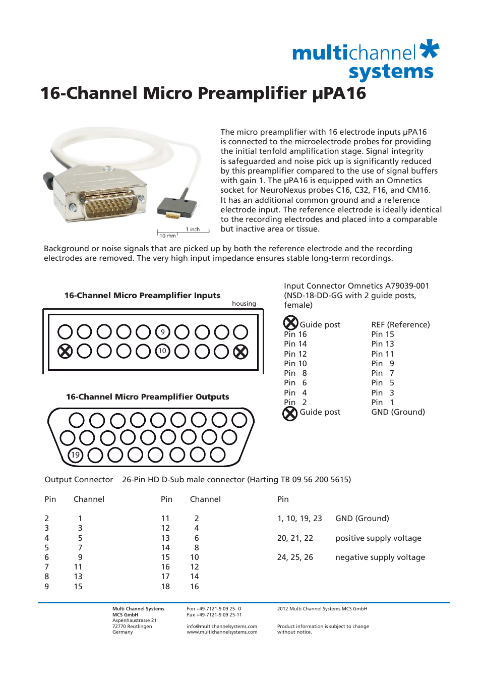 Multichannel Systems 16-Channel Micro Preamplifier μPA16 User Manual | 2 pages