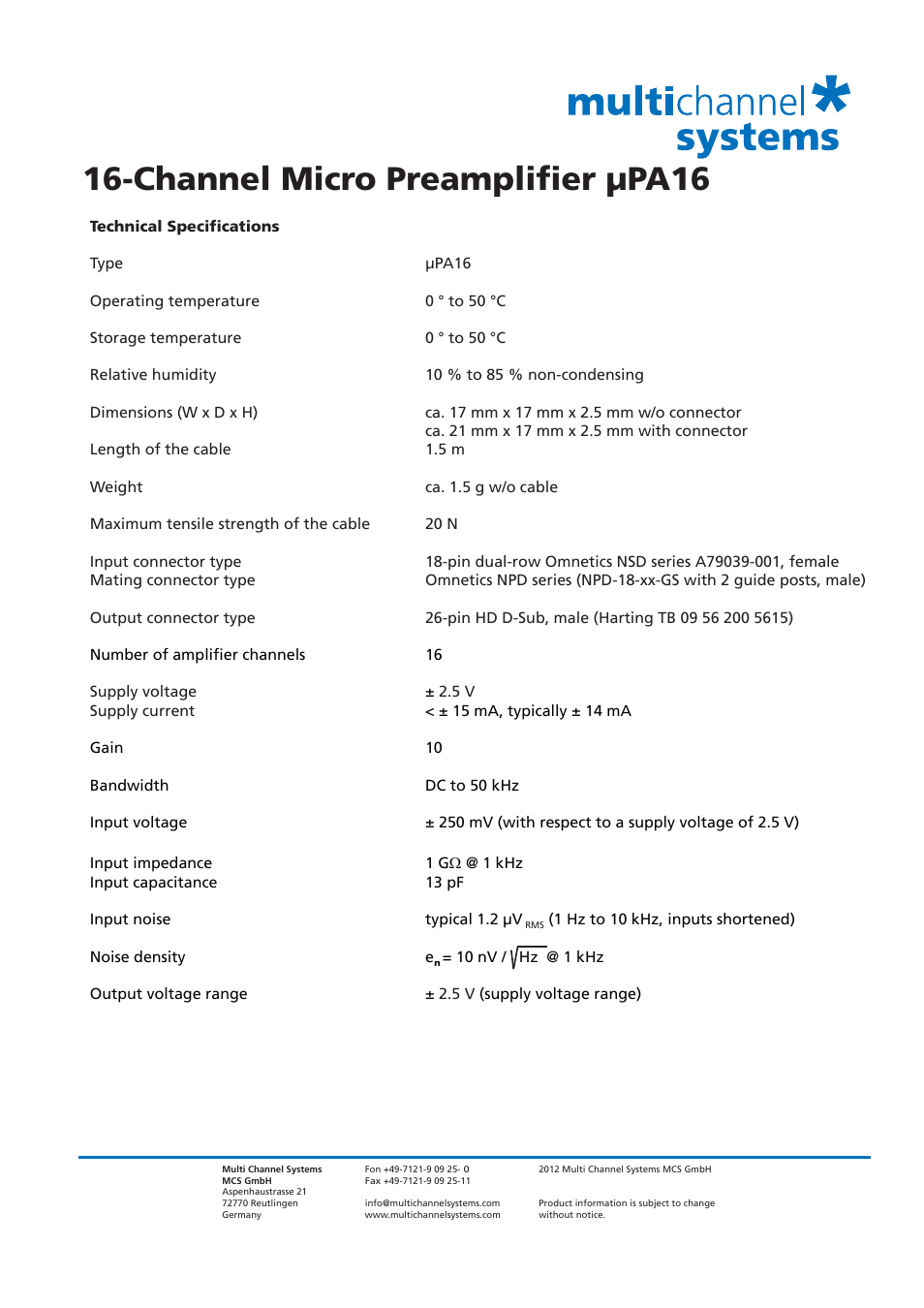 Channel micro preamplifier μpa16 | Multichannel Systems 16-Channel Micro Preamplifier μPA16 User Manual | Page 2 / 2