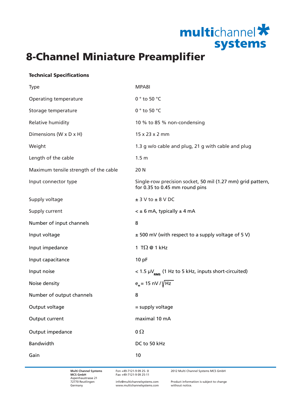 Channel miniature preamplifier | Multichannel Systems MPA8I User Manual | Page 2 / 2