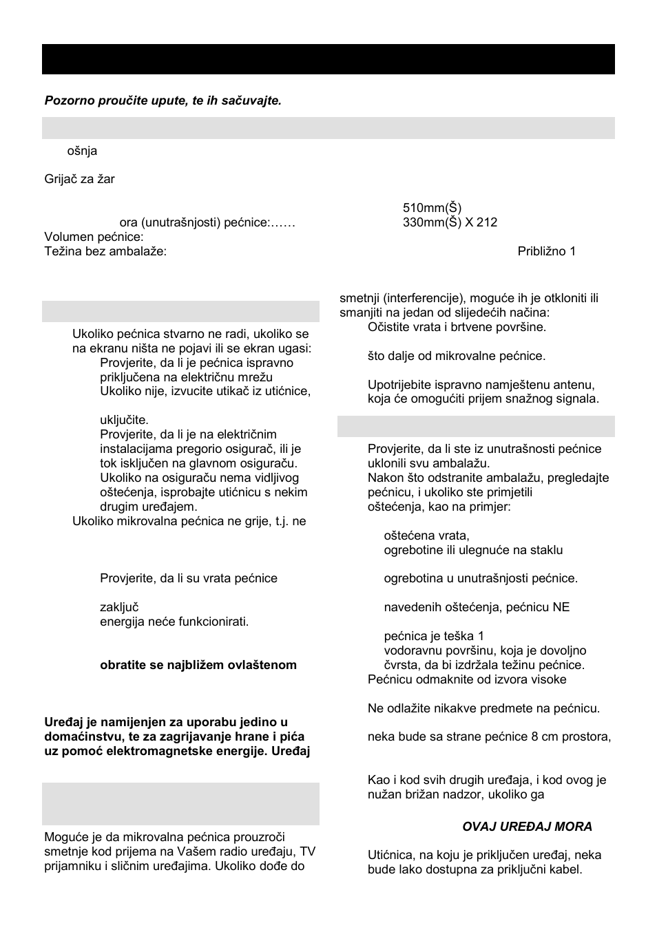 Upute za uporabu hr, Specifikacija, Prije nego pozovete servisera | Radijske smetnje (interferencija), Postavljanje | Gorenje GMO-23 Ora Ito User Manual | Page 10 / 175