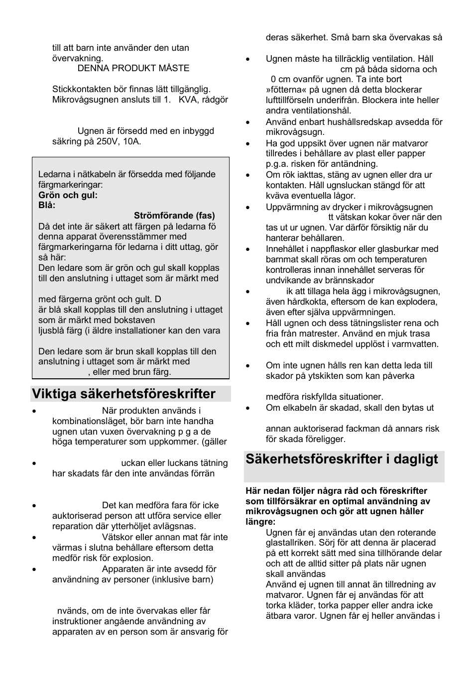 Viktiga säkerhetsföreskrifter, Säkerhetsföreskrifter i dagligt bruk | Gorenje GMO-23 Ora Ito User Manual | Page 128 / 175