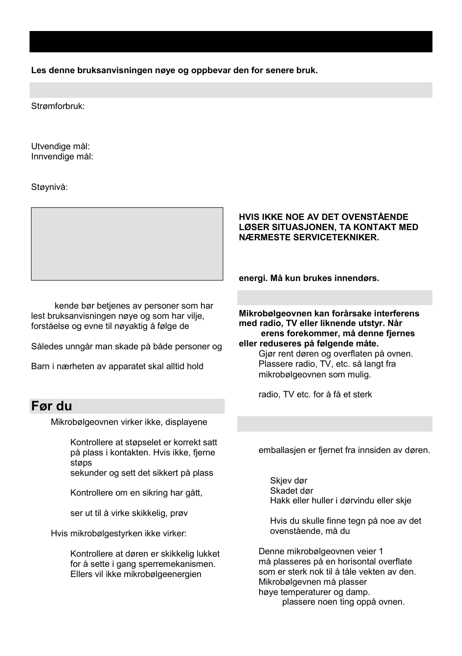 Bruksanvisning no, Spesifikasjoner, Før du ringer service | Radiointerferens, Installasjon | Gorenje GMO-23 Ora Ito User Manual | Page 134 / 175