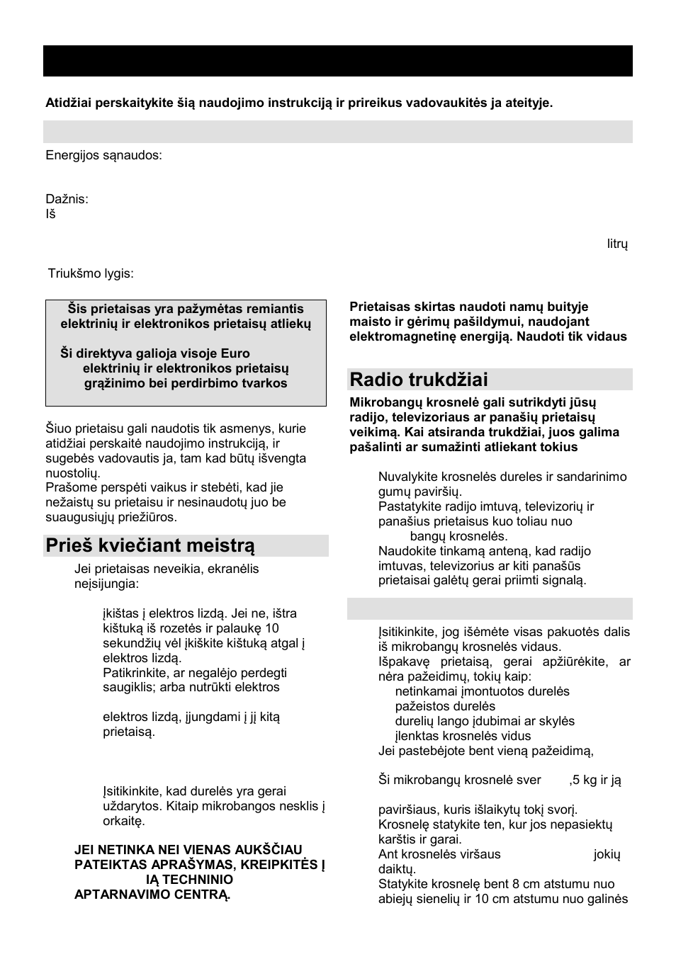 Naudojimo instrukcija lt, Techniniai duomenys, Prień kvieĉiant meistrą | Radio trukdņiai, Montavimas | Gorenje GMO-23 Ora Ito User Manual | Page 155 / 175