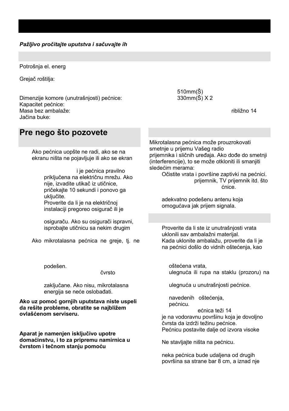 Uputstvo za upotrebu srb, mne, Specifikacije, Pre nego ńto pozovete servisera | Radio-smetnje (interferencije), Postavljanje | Gorenje GMO-23 Ora Ito User Manual | Page 17 / 175