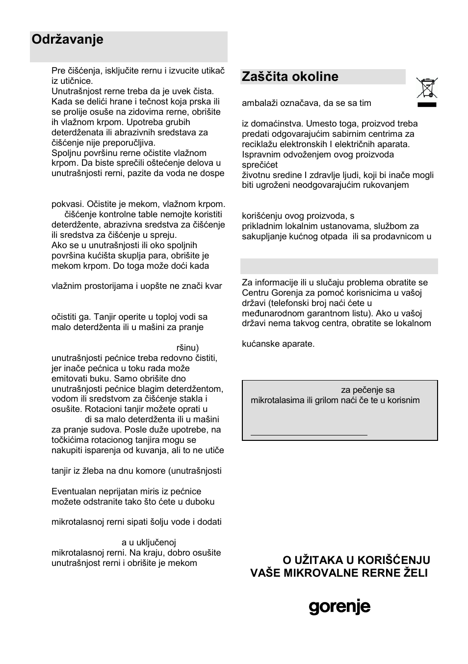 Odrņavanje mikrotalasne rerne, Zańĉita okoline, Garancija i servis | Gorenje GMO-23 Ora Ito User Manual | Page 23 / 175